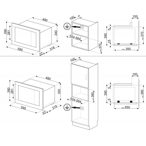 Встраиваемая микроволновая печь SMEG/ Встраиваемая микроволновая печь, 60 см, высота 38 см, 5 функций, стекло Deep Black (чёрное)