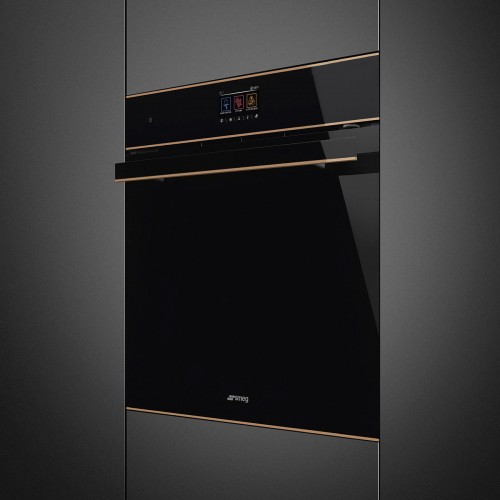 Встраиваемый духовой шкаф SMEG Dolce Stil Novo с паром и пиролитической очисткой, 60 см, 19 функций, черное стекло Eclipse, медный профиль