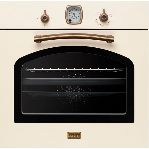 Встраиваемый духовой шкаф Korting Retro Calabria - Газовый, 59.8x59.5x56 см, с грилем, конвекцией, таймером и телескопическими направляющими, Слоновая кость + Бронза