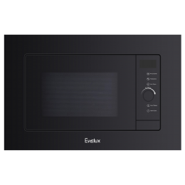 Микроволновая печь Evelux MW 253 B, встраиваемая, 20 л, сенсорное управление, 10 уровней мощности, галогеновая подсветка, 5 авторежимов, разморозка, блокировка от детей, таймер, черный цвет.