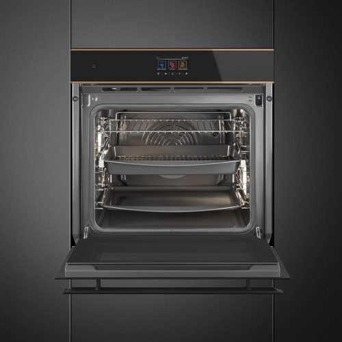 Встраиваемый духовой шкаф SMEG Dolce Stil Novo с паром и пиролитической очисткой, 60 см, 19 функций, черное стекло Eclipse, медный профиль