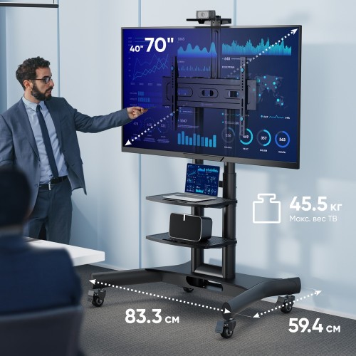 Мобильная стойка ONKRON для ТВ 40-70 с наклоном 0°, поворотом 0°, высотой 1200-1500мм, 2 полками и колесиками, черная