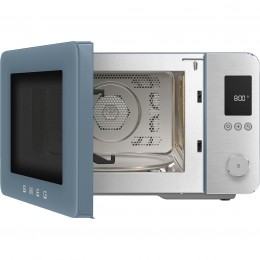 Микроволновая печь SMEG, отдельностоящая, объем 27 л, 9 функции приготовления, аэрогриль, 25 автоматических программ, быстрый старт, размораживание, мощность 900 Вт, 5 уровней мощности, инвертер + поворотный стол, плавное открывание дверцы, цвет синий што
