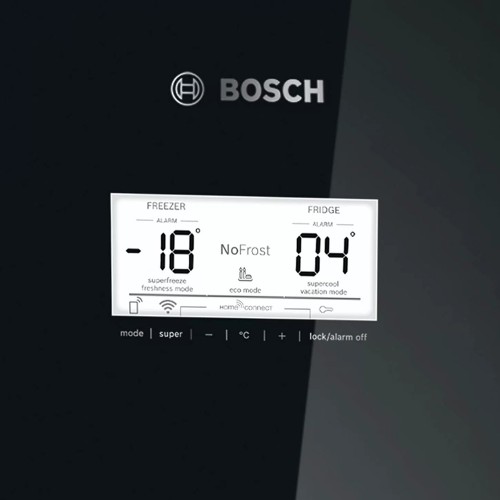 Холодильник BOSCH 6 серия черный под стеклом, NoFrost, 290+110 л, SuperCooling, морозильная камера нижняя