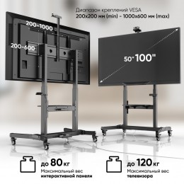 Мобильная стойка ts1991 elift black для ТВ 50-100 с регулировкой высоты 113-160 см, наклоном +5°/-5°, макс. вес 120 кг.