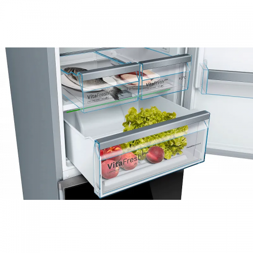 Холодильник BOSCH 6 серия черный под стеклом, NoFrost, 290+110 л, SuperCooling, морозильная камера нижняя