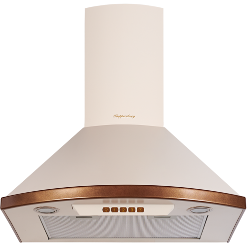 Вытяжка Kuppersberg 60 см: настенная, 650 м³/ч, электронное управление, 3 скорости, галогеновое освещение, бежевый цвет, анодированные алюминиевые фильтры
