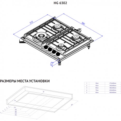 Встраиваемая газовая варочная панель KORTING 60 см с 4 конфорками, WOK, газ-контролем и электроподжигом - белая