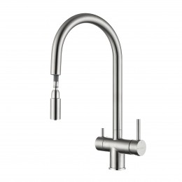 RIVELATO 2433505 BS однорычажный смеситель для кухни TREVI U-обр. с краном питьевой воды D-35мм, выдвижной излив, материал: латунь, цвет: нержавеющая сталь