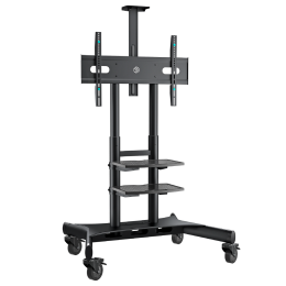 Мобильная стойка ONKRON TS1881 Black для ТВ 50-86, VESA 300x100-800x500, макс. нагрузка 90,9 кг, 2 полки, высота 1350-1650 мм.