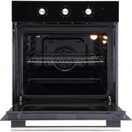 Духовой шкаф EVELUX EO 620 B, 60 см, 65л, 8 режимов, черное стекло, универсальный противень, решетка-гриль, двойное стекло, легко-съемное стекло.