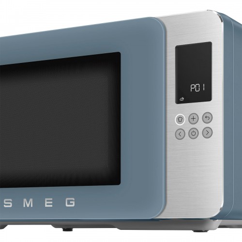 Микроволновая печь SMEG, отдельностоящая, объем 29 л, 4 функции приготовления, гриль, 18 автоматических программ, быстрый старт, размораживание, мощность 900 Вт, 5 уровней мощности, инвертер + поворотный стол, цвет синий шторм