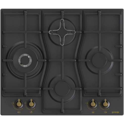 Встраиваемая газовая варочная панель GORENJE черного цвета с чугунными решетками и автоматическим электроподжигом - габариты 13х60х52 см, вес 14 кг.