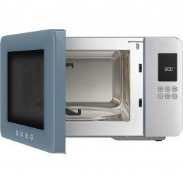 Микроволновая печь SMEG, отдельностоящая, объем 29 л, 4 функции приготовления, гриль, 18 автоматических программ, быстрый старт, размораживание, мощность 900 Вт, 5 уровней мощности, инвертер + поворотный стол, цвет синий шторм