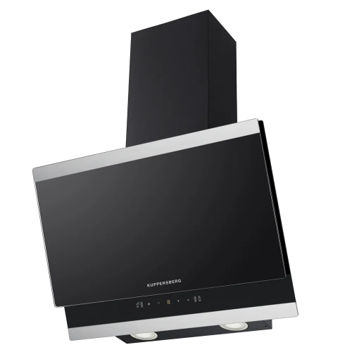 Наклонная вытяжка Kuppersberg 60 см с таймером, производительностью 850 м³/ч, 3 скоростями, обратным клапаном и сенсорным управлением в черном/нержавеющем цвете