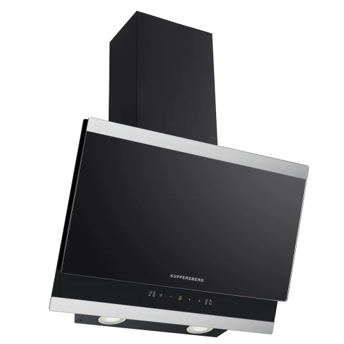 Наклонная вытяжка Kuppersberg 60 см с таймером, производительностью 850 м³/ч, 3 скоростями, обратным клапаном и сенсорным управлением в черном/нержавеющем цвете