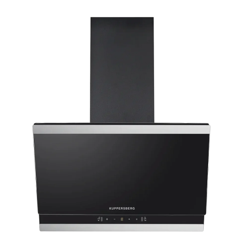 Наклонная вытяжка Kuppersberg 60 см с таймером, производительностью 850 м³/ч, 3 скоростями, обратным клапаном и сенсорным управлением в черном/нержавеющем цвете