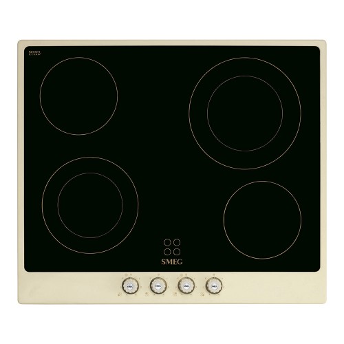 Встраиваемая электрическая панель SMEG Coloniale 60 см - стеклокерамическая варочная панель с кремовой рамкой и латунной фурнитурой