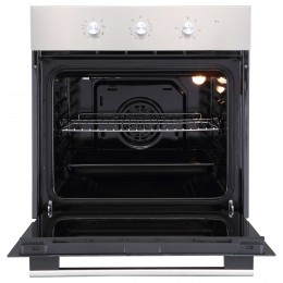 Духовой шкаф EVELUX EO 620 X, 60 см, 65 л, 8 режимов, нержавеющая сталь, поворотные переключатели, универсальный противень, решетка-гриль, двойное стекло.