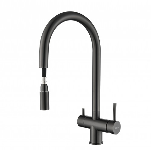 H1: Однорычажный смеситель для кухни RIVELATO 2433505 PVD Black с выдвижным изливом и краном для питьевой воды, латунь, цвет черный