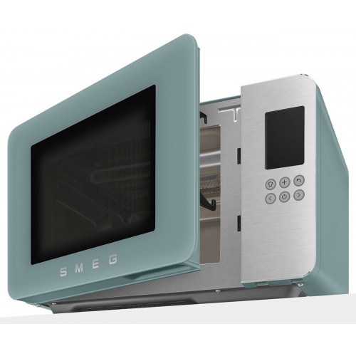 Микроволновая печь SMEG, отдельностоящая, объем 29 л, 4 функции приготовления, гриль, 18 автоматических программ, быстрый старт, размораживание, мощность 900 Вт, 5 уровней мощности, инвертер + поворотный стол, цвет изумрудно-зеленый
