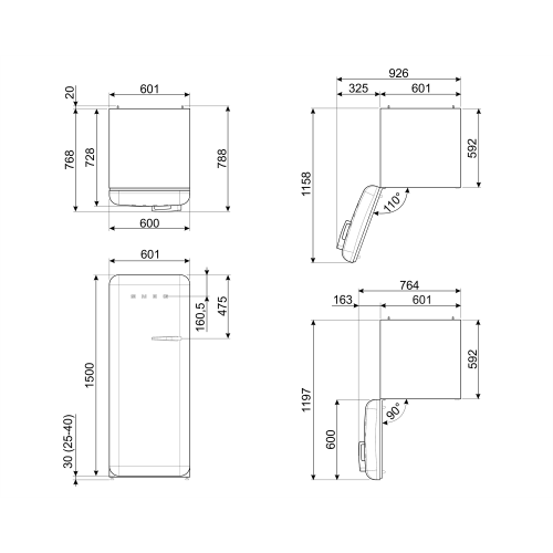 Холодильник SMEG 1530x601x728 мм, однокамерный, стиль 50-х, 270 л, белый, с LED освещением и инверторным компрессором