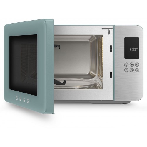 Микроволновая печь SMEG, отдельностоящая, объем 29 л, 4 функции приготовления, гриль, 18 автоматических программ, быстрый старт, размораживание, мощность 900 Вт, 5 уровней мощности, инвертер + поворотный стол, цвет изумрудно-зеленый