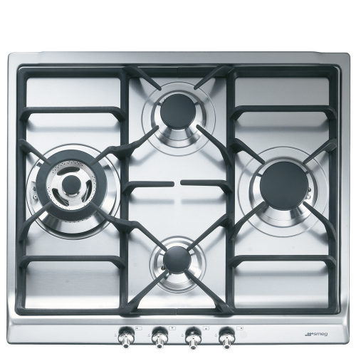 Встраиваемая газовая панель SMEG Classica, 60 см, 4 конфорки, электроподжиг, газ-контроль, чугунные решетки, нержавеющая сталь