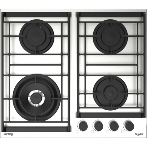 Встраиваемая газовая варочная панель KORTING 60 см с 4 конфорками, WOK, газ-контролем и электроподжигом - нержавеющая сталь
