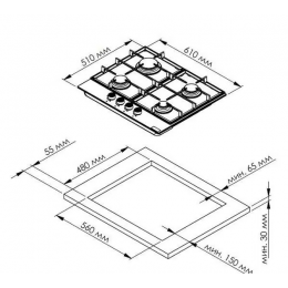 Газовая варочная панель Kuppersberg TG 68 B, 4 конфорки, WOK, газ-контроль, черная стеклянная поверхность.