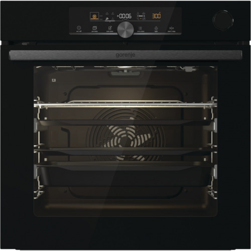 Встраиваемая электрическая духовка GORENJE 60 см с сенсорным программатором, паровым приготовлением и функцией пицца - черная, 77л, пиролиз, телескопические направляющие.