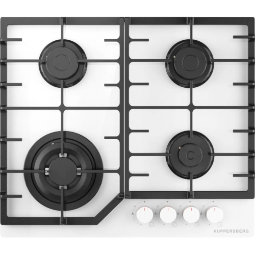 Варочная поверхность Kuppersberg/ KITCHEN RETAIL / Варочная поверхность Kuppersberg, газ, High-Tech, 59 см, автоматический электроподжиг, газ-контроль, форсунки под сжиженый газ, SABAF конфорки, чугунные решетки, цвет белый, цвет фурнитуры белый