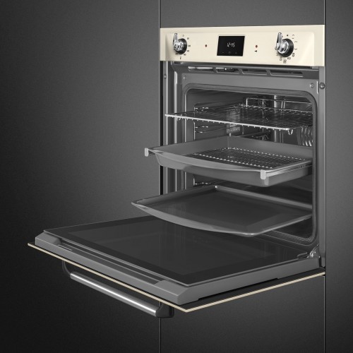 Встраиваемая электрическая духовка SMEG 60 см с пиролизом, 9 функций, кремовая, класс А