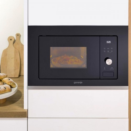 Встраиваемая микроволновая печь GORENJE с электронным управлением, черная, 20 л, левостороннее открывание, размеры 59,5 × 38,8 × 34,4 см
