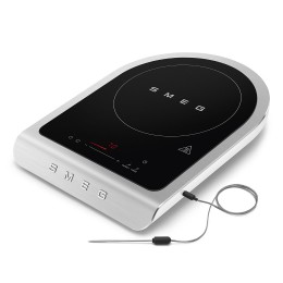 Настольная индукционная плита Smeg, 1 зона приготовления, мощность 1.45/2.1 кВт, сенсорное управление, таймер, звуковой сигнал, индикация остаточного тепла/времени, автоматическое отключение, термощуп, цвет белый