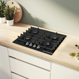 Газовая варочная панель Bosch PNP6B6K40, 4 конфорки, 7.5 кВт, закаленное стекло, черный, 59x52x4.5 см