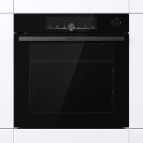Встраиваемая электрическая духовка GORENJE 60 см с сенсорным программатором, паровым приготовлением и функцией пицца - черная, 77л, пиролиз, телескопические направляющие.