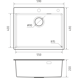 METAL 5949 titan 1 чаша 550*400*205, общий размер: 590*490*200, монтаж: универсальный, материал: нержавеющая сталь AISI 304, цвет: титан