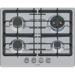 BOSCH PGH6B5K90R, газовая варочная панель 60см, нерж. сталь, 4 конфорки, WOK, газ-контроль, электроподжиг
