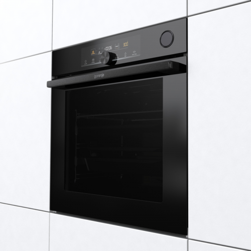 Встраиваемая электрическая духовка GORENJE 60 см с сенсорным программатором, паровым приготовлением и функцией пицца - черная, 77л, пиролиз, телескопические направляющие.