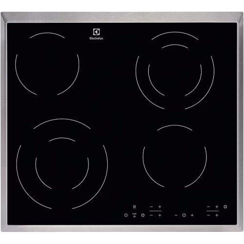 Встраиваемая электрическая варочная поверхность ELECTROLUX HiLight на 4 конфорки с расширением - стеклокерамика, 6300 Вт, независимая установка, размеры 57.6x51.6 см, нержавеющая сталь.