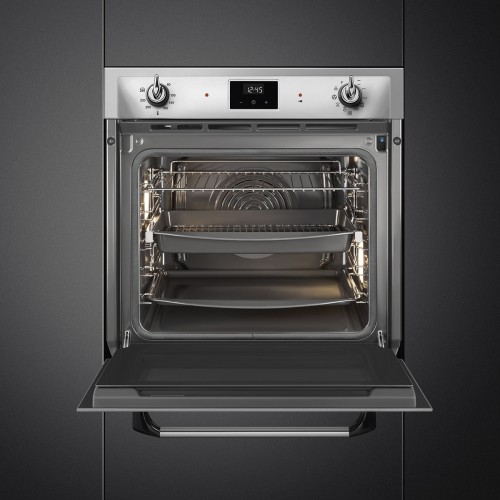 Духовой шкаф Smeg/ Духовой шкаф Smeg, 60 см, пиролитическая очистка, 9 функций приготовления, поворотные переключатели, таймер, автоматическое отключение, полезный объем 68л, энергоэффективность А, цвет нержавеющая сталь