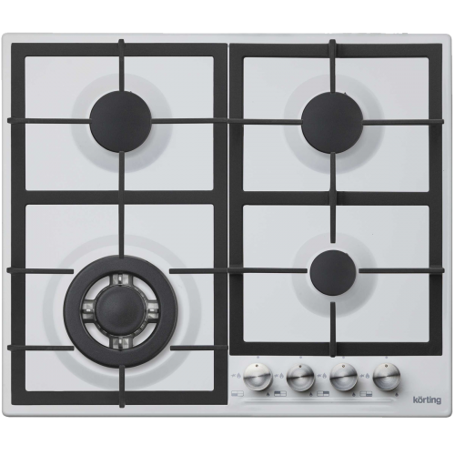 Встраиваемая газовая варочная панель Korting Crystal 60x51 см с электроподжигом, газ-контролем, чугунными решетками и подставкой WOK - белая