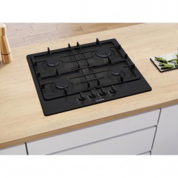 BOSCH Serie 4 PGP6B6K90R, газовая варочная панель 60см, черная эмаль, 4 конфорки, 1 повышенной мощности, чугунные решетки, газ-контроль, электроподжиг.