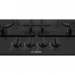 BOSCH Serie 4 PGP6B6K90R, газовая варочная панель 60см, черная эмаль, 4 конфорки, 1 повышенной мощности, чугунные решетки, газ-контроль, электроподжиг.