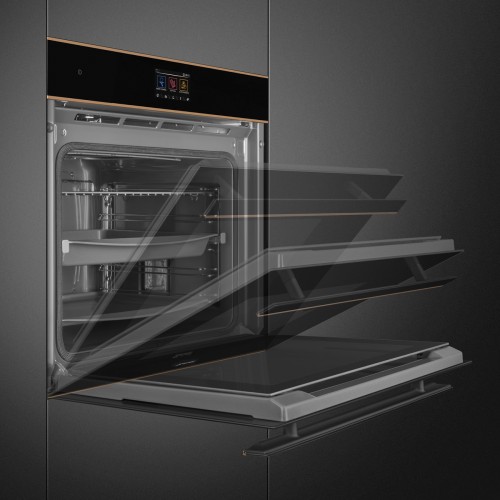 H1: Встраиваемый духовой шкаф SMEG с пиролизом, 10 функций, 60 см, черное стекло Eclipse, медный профиль