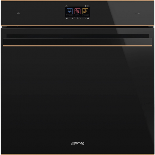 H1: Встраиваемый духовой шкаф SMEG с пиролизом, 10 функций, 60 см, черное стекло Eclipse, медный профиль
